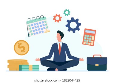 Happy businessman doing yoga at work. Employee in suit sitting in lotus pose and keeping hands in zen gesture. Vector illustration for relaxation, stress relief, focus, concentration, balance concept