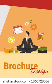 Happy Businessman Doing Yoga At Work. Employee In Suit Sitting In Lotus Pose And Keeping Hands In Zen Gesture. Vector Illustration For Relaxation, Stress Relief, Focus, Concentration, Balance Concept