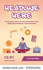 Happy Businessman Doing Yoga At Work. Employee In Suit Sitting In Lotus Pose And Keeping Hands In Zen Gesture. Vector Illustration For Relaxation, Stress Relief, Focus, Concentration, Balance Concept