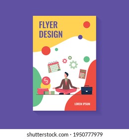 Happy businessman doing yoga at work. Employee in suit sitting in lotus pose and keeping hands in zen gesture. Vector illustration for relaxation, stress relief, focus, concentration, balance concept