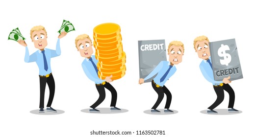 Happy businessman with dollar banknotes and stack of big gold coins. Sad young man carries big heavy credit. Wealth and debt set. Corporate manager personage. Business people vector illustration