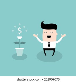 Happy businessman with dollar plant. Growing money tree, successful business concept. Vector illustration
