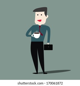 Happy businessman drinking morning coffee cup before work 