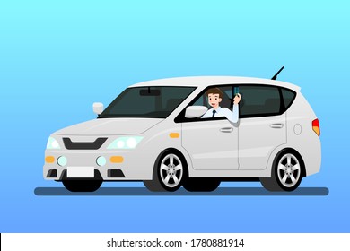 Happy businessman driving a new car to work. It's easy and fast than walk. Business people drive a expensive modern white vehicle that buy from credit card. Isolated vector illustration design.