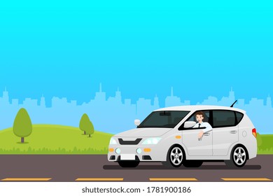 Happy businessman driving a new car to work. It's easy and fast than walk. Business people drive a expensive modern white vehicle with gladness and proud. Isolated vector illustration design.