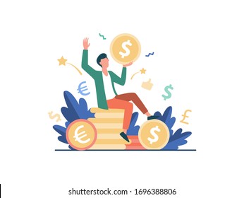 Happy businessman earning money flat vector illustration. Cartoon millionaire or banker holding huge coin. Finance growth and market concept