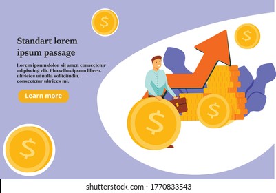 Happy businessman earning money flat vector illustration. Cartoon millionaire or banker holding huge coin. Finance growth and market concept. Vector illustration