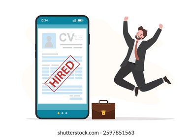 Happy businessman or employee jumping near giant smartphone with hiring application. cv resume with stamp - hired, male character after job interview. Happy applicant, recruitment process. flat vector