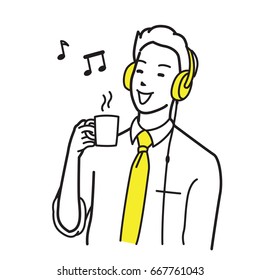 Homem de negócios feliz gosta de ouvir música com fone de ouvido e beber café em seu tempo de pausa do trabalho. Estilo de desenho à mão do contorno, ilustração vetorial.