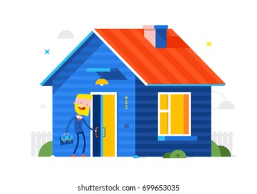 Happy businessman enters his new home through the door. Concept Flat Vector Illustration