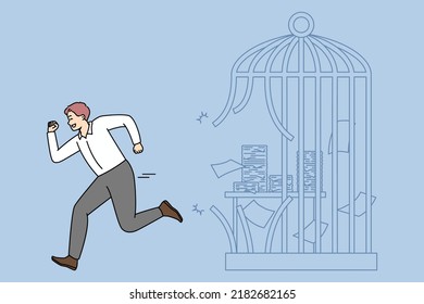 Happy Businessman Escape Cage With Paperwork Quit Office Job. Excited Male Employee Run From Job Imprisonment. Toxic Workplace. Vector Illustration. 