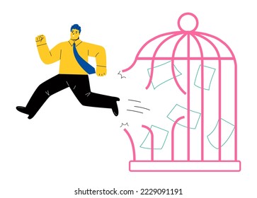 Happy businessman escape cage. Toxic workplace. Flat vector illustration isolated on white background
