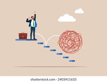 Happy businessman exempt from chaos. Relaxation help relieve stress, overcome frustration, reduce tension and make peaceful life. Flat vector illustrations.