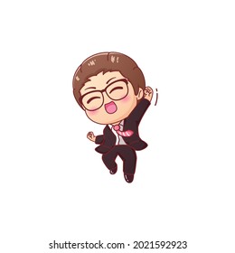 Happy businessman expression jumping, cute vector illustration.