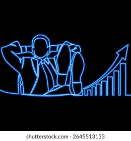 Happy Businessman with Feet on Desk and Rising Graph Success, Profit, and Confidence icon neon glow vector illustration concept