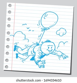 Happy businessman flying with balloon.