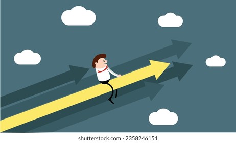 Happy Businessman Flying into the Sky on Success Graph Arrows. Business success and determination concept