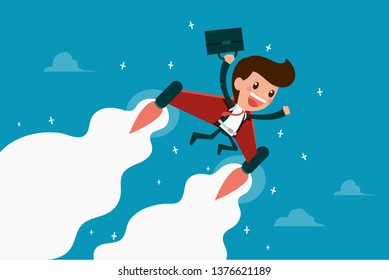Happy Businessman flying with jet engine.