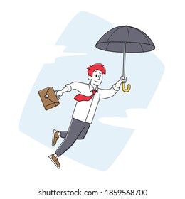 Happy Businessman Flying on Umbrella with Briefcase in Hand. Inspiration Character. Financial Protection, Insurance, Shield from Problems. Business Man Flight in Sky. Linear Vector Illustration