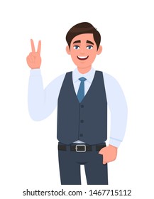 Happy businessman in formal waistcoat showing victory, v, peace or two gesture sign. Male character design illustration. Modern lifestyle, human emotions, facial expressions in vector cartoon style.