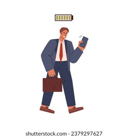 Happy businessman and full battery sign flat style, vector illustration isolated on white background. Decorative design element, work and productivity, energy and efficiency