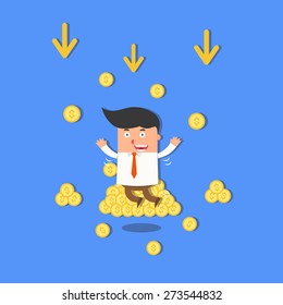 Happy businessman get coins falling from the sky