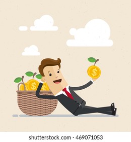 Happy businessman get a profit, dividends. Return on investments as golden apples in basket. Vector, illustration, flat