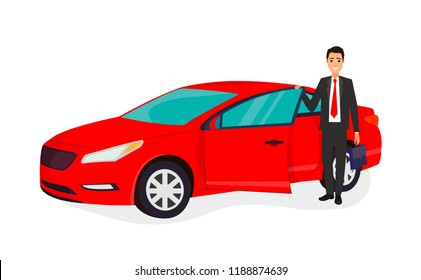 Happy Businessman Getting Into His New Red Car. The Concept Of Business Success. Car Sale Concept.