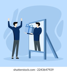 Feliz hombre de negocios presenciándose en espejo por automotivación. Recompense cuando el éxito o el logro de objetivos personales para aumentar la motivación y la inspiración, ganando el concepto.