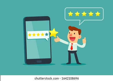 Happy businessman give five star rating on smartphone screen. Customer review business concept.