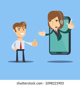 Happy businessman give thumb up to call center operator on screen of smart phone. Online customer service concept. Stock flat vector illustration.