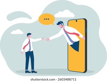 Happy businessman give thumb up to call center operator on screen of smart phone. Online customer service concept.
