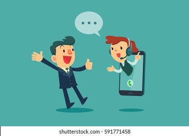 Happy businessman give thumb up to call center operator on screen of smart phone. Online customer service concept.