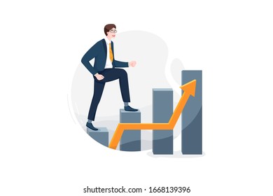 Happy businessman goes up columns with a arrow. Sales increase concept illustration. 