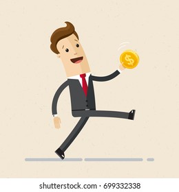 Happy businessman goes with a gold coin in hand. Business and finance concept. Vector, Illustration, Flat