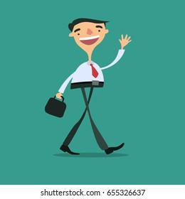 Happy businessman goes to work.
Vector illustration.