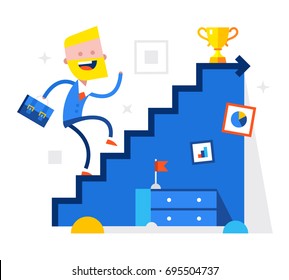 Happy Businessman is going up the ladder of the schedule upwards for a reward. Vector flat illustration. Can be used for workflow layout, diagram, number options, web design, infographics and timeline