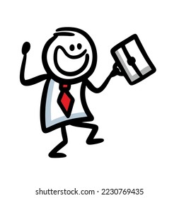 Happy businessman going outdoor from office and swinging briefcase in good mood. Vector illustration of funny stickman character jumpng after work day.