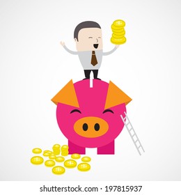 Happy businessman  with golden coins on big piggy bank. Saving and investment concept.Vector EPS 10.  