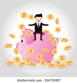 Happy businessman with golden coins on big piggy bank.