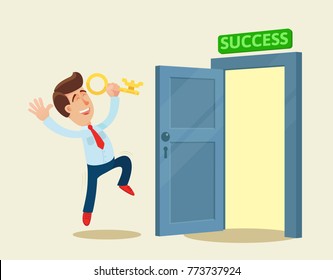 Happy businessman with golden key have opened the door to success. Key to success. Business, vector flat illustration. Cartoon, concept.