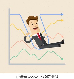 Happy businessman and graphs.  Man swinging on a line graph like on swing. Vector, illustration, flat