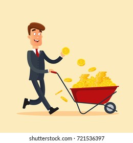 Happy businessman in grey suit pushing red cart full of money and holding gold coin in hand. Wheelbarrow with money. Business and finance concept. Stock vector illustration in flat style