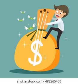 Happy businessman guy with money bag, vector illustration cartoon