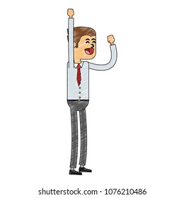 Happy businessman with hands up scribble
