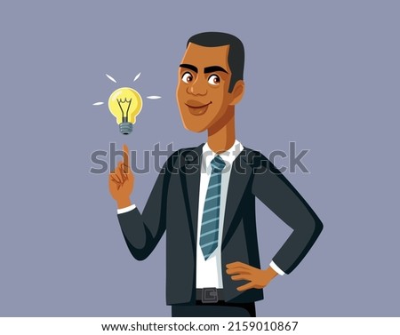 

Happy Businessman Having an Idea Vector Cartoon Illustration. Clever and intelligent visionary manager thinking of the proper solution
