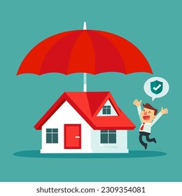 Happy businessman and his house protected under big umbrella. House insurance business concept.