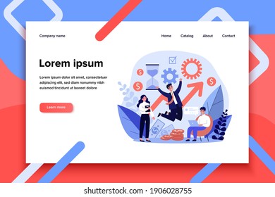 Happy businessman and his team celebrating success. Man in suit jumping high, money, growth chart flat vector illustration. Profit, achievement concept for banner, website design or landing web page
