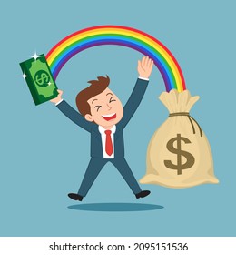  Happy businessman holding banknotes from a big bag with rainbow, Illustration vector cartoon