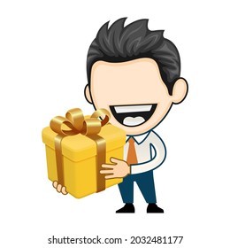 Happy businessman holding a big gift box with bow